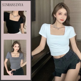 ÁO THUN GÂN CỔ VUÔNG CROPTOP TAY NGẮN CỰC HOT CO GIÃN FEESIZE DƯỚI 60KG