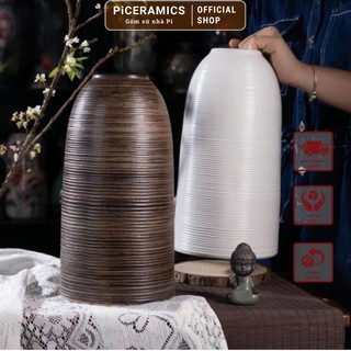 Bình hoa dáng chuông thon gốm Bát Tràng, cao 32cm miệng 8cm, men mộc trắng nâu