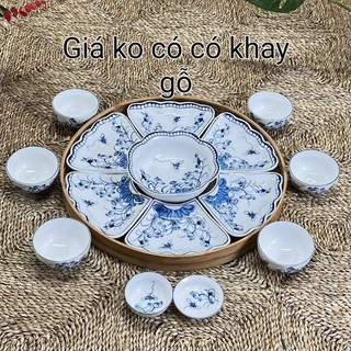Bộ bát đĩa hoa mặt trời vẽ sen chuồn màu xanh lam.Hàng gốm sứ Bát Tràng