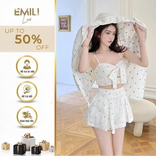 Set áo cúp ngực chân váy xếp ly Emili phối áo khoác in họa tiết phong cách kiểu nữ 