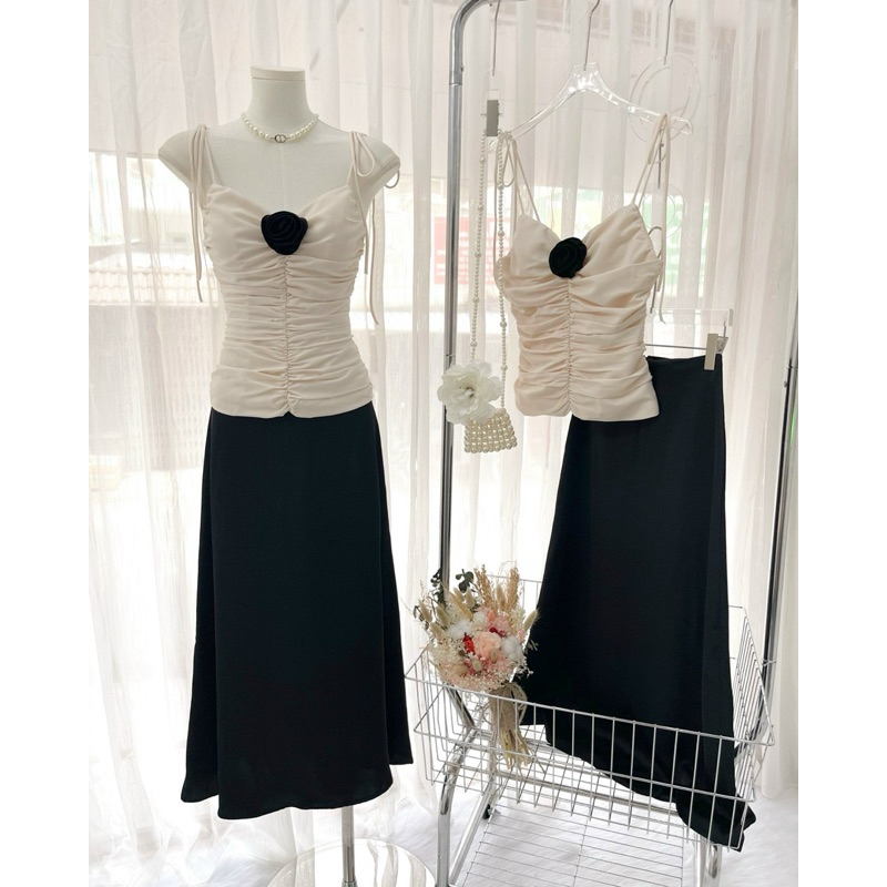 Set áo 2s mix cv lụa đen đính nơ ngực