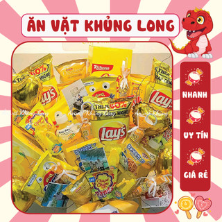 Set đồ ăn vặt màu vàng, concept trang trí đồ ăn vặt, ăn vặt khủng long