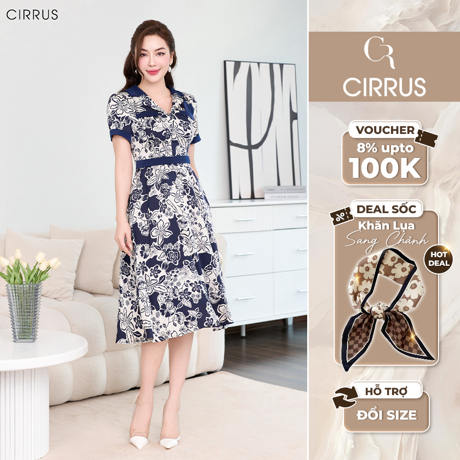 Đầm lụa xoè công sở CIRRUS dáng dài cổ ve 240090