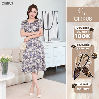 Đầm lụa xoè công sở CIRRUS cộc tay hoạ tiết 240220