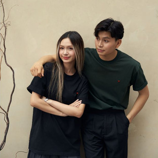 Áo thun nam nữ Unisex cotton cao cấp form suông thêu trái tim, bản cổ dày dặn DNST 5828