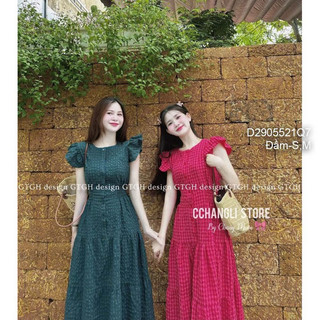 Đầm maxi sát nách họa tiết caro tay cánh tiên sang trọng VIENS STORE
