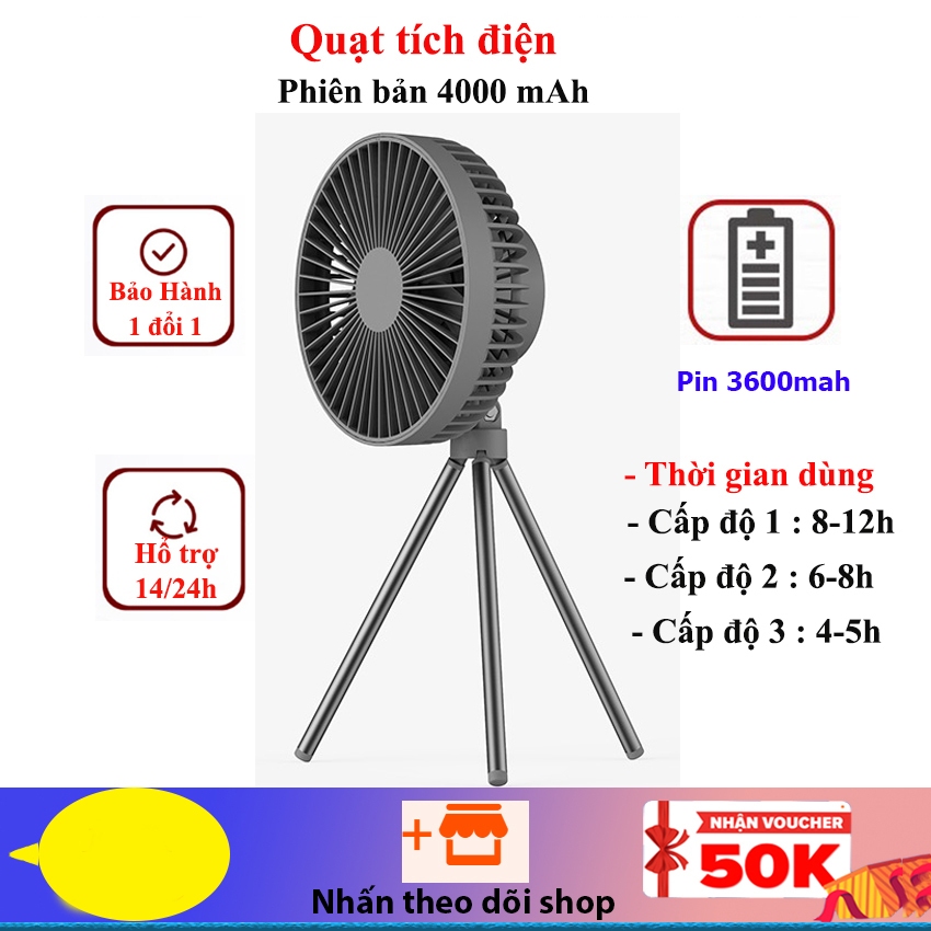 Quạt tích điện pin trâu 4000mAh 3 cấp độ gió tùy chỉnh có chân đế để bàn và móc treo - DQ212