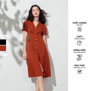 Đầm midi đũi chun cam cháy, đen khuy bọc 411dr2022 adore dress