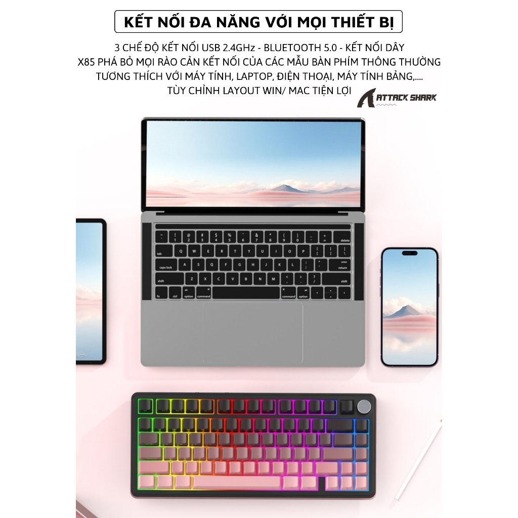 Bàn Phím Cơ Không Dây Attack Shark X85 App Macro Tùy Chỉnh, Núm Xoay Đa Năng, Keycap Xuyên Led RGB | BigBuy360 - bigbuy360.vn
