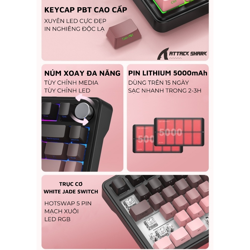 Bàn Phím Cơ Không Dây Attack Shark X85 App Macro Tùy Chỉnh, Núm Xoay Đa Năng, Keycap Xuyên Led RGB | BigBuy360 - bigbuy360.vn