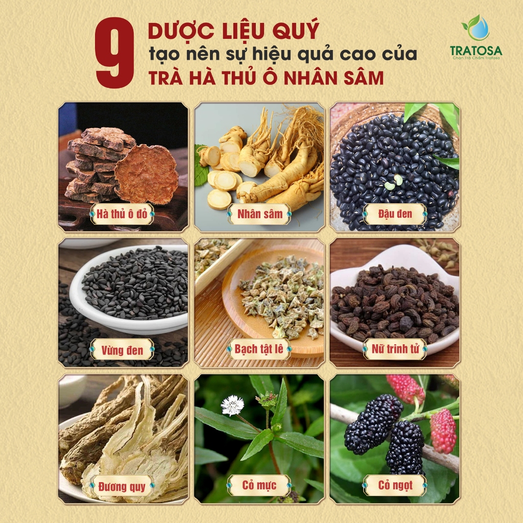 Trà Hà thủ ô nhân sâm TRATOSA 9 vị giúp mọc tóc nhanh, dưỡng tóc ,đen tóc và giảm gãy rụng từ thiên nhiên