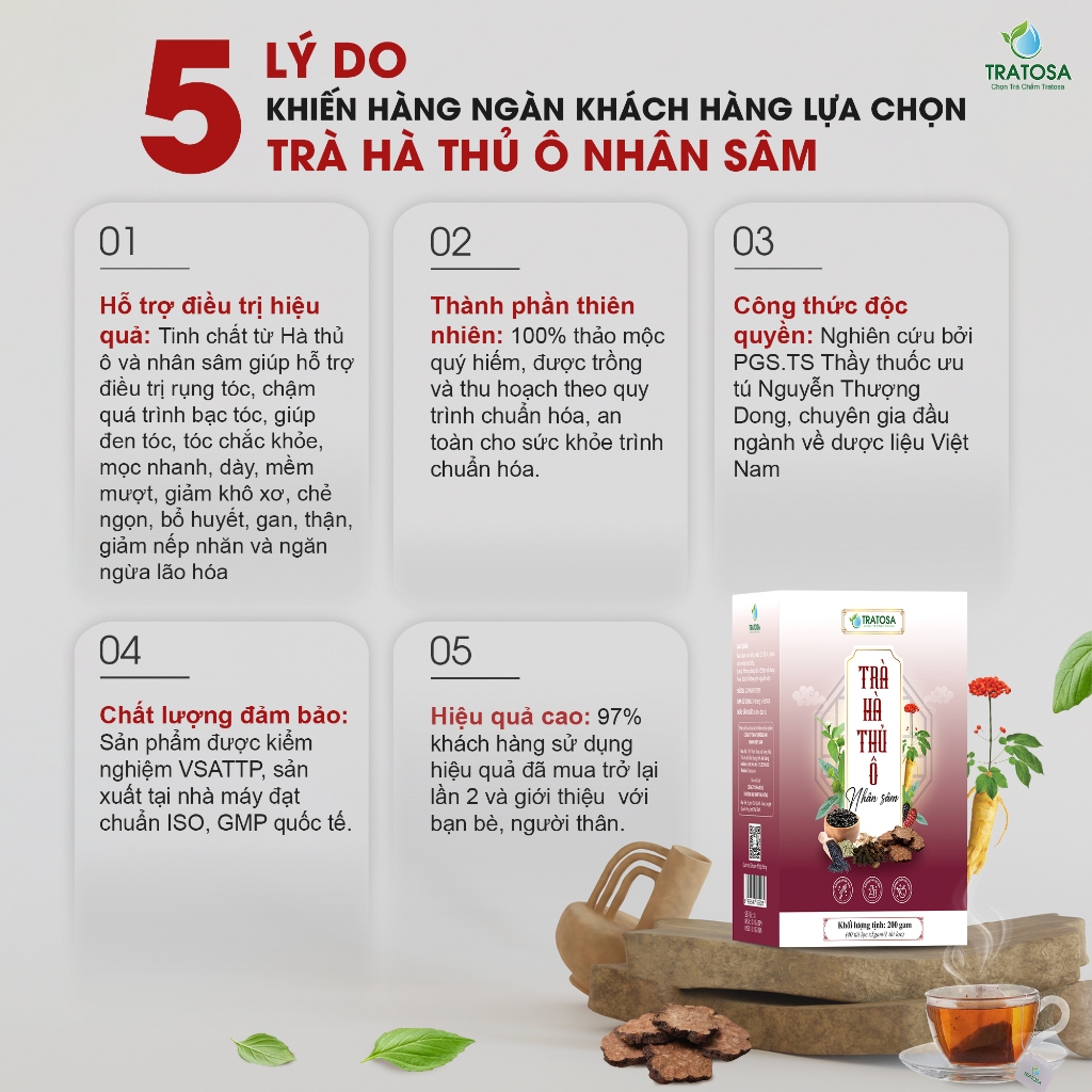 Trà Hà thủ ô nhân sâm TRATOSA 9 vị giúp mọc tóc nhanh, dưỡng tóc ,đen tóc và giảm gãy rụng từ thiên nhiên