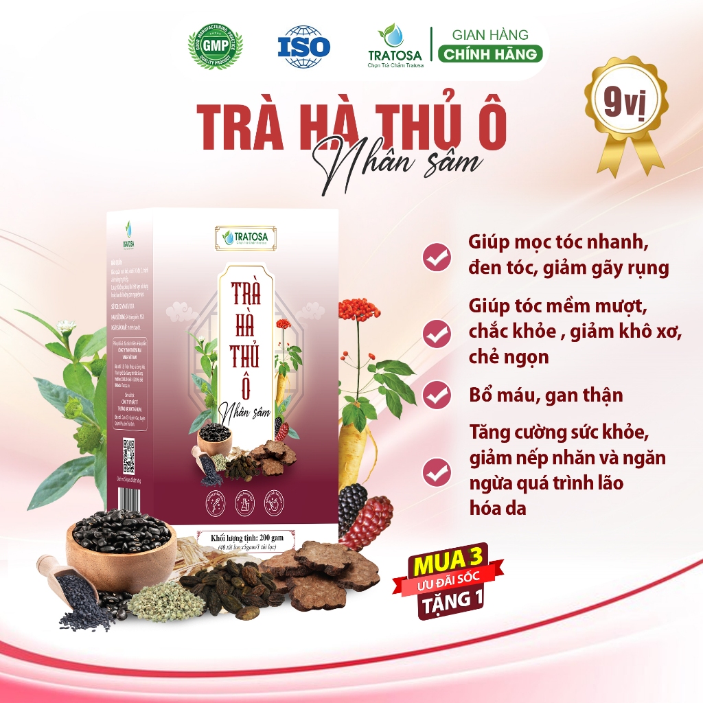 Trà Hà thủ ô nhân sâm TRATOSA 9 vị giúp mọc tóc nhanh, dưỡng tóc ,đen tóc và giảm gãy rụng từ thiên nhiên