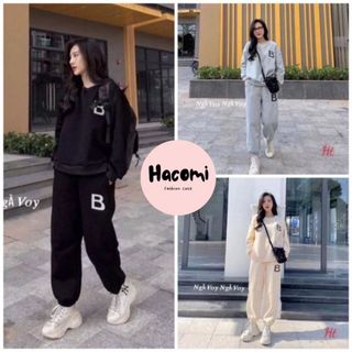 Bộ nỉ nữ thu đông chữ B cao cấp - Set quần ống bo gấu kèm áo sweater in hình đẹp phong cách đường phố ulzzang