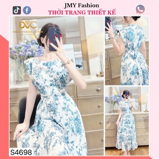 S4698 Set váy lụa hoa xanh cổ thuyền thiết kế set váy áo trắng hoa xanh dáng A xòe dài