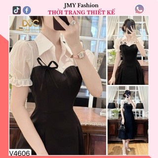 V4606 Váy đen xòe cổ sơ mi trắng nữ tính [Dolce Viva Colection (DVC)] đầm sơ mi đen trắng dáng xòe công sở