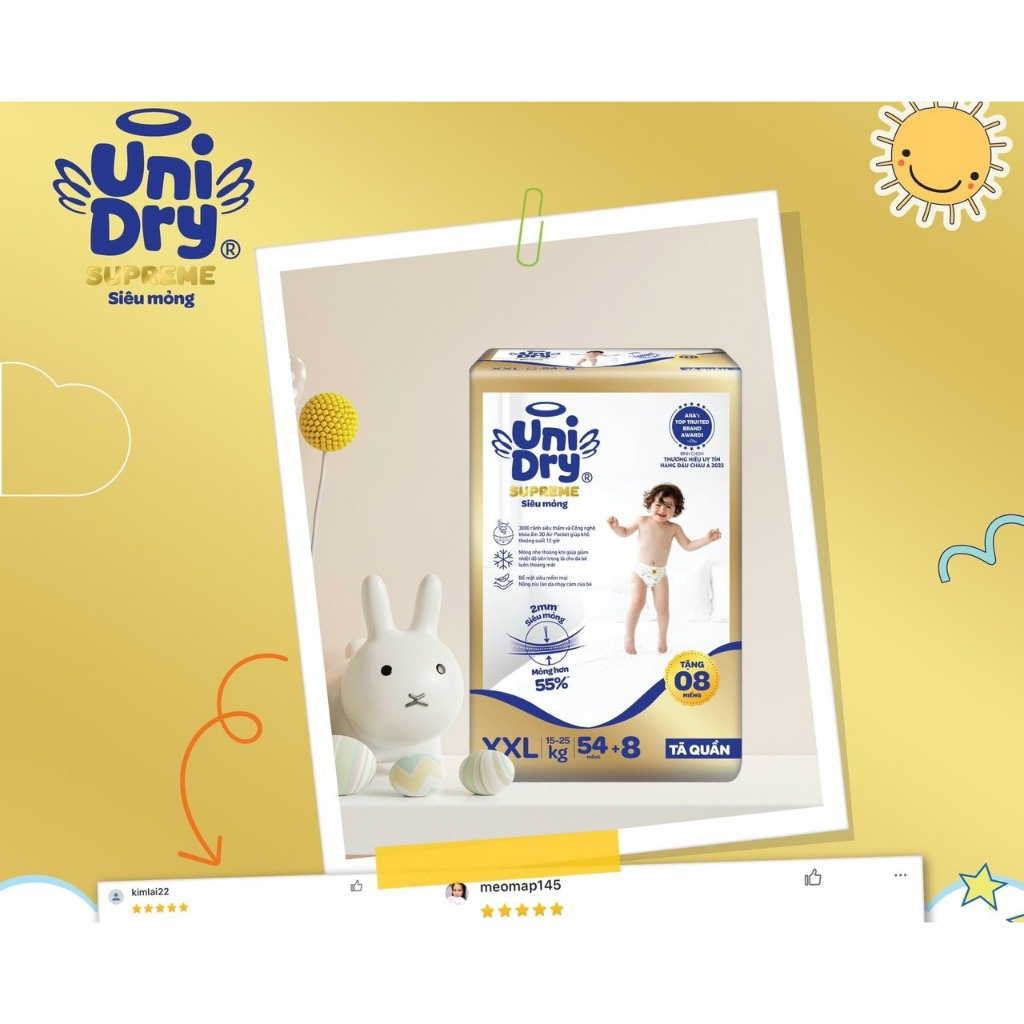 Combo 2 gói tã quần Unidry Supreme 2mm M76+8/L68+8/XL60+8/XXL54+8/XXXL22+6