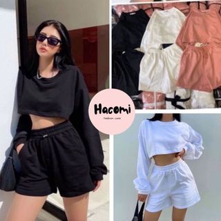 Set áo croptop suông trơn kèm sooc đùi - Bộ thun dài tay cổ tròn học sinh dáng ngắn và quần đùi ống rộng cạp cao basic