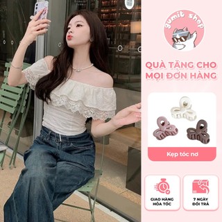 Áo trễ vai trắng phối ren áo trễ vai croptop nữ phong cách tiểu thư sang trọng nhẹ nhàng