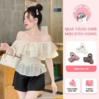 Áo trễ vai chun eo 3 màu cốm, nâu, trắng
