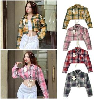 Áo Sơ Mi Croptop Flannel CINDDY BRAND Kẻ Sọc Phối Nơ Với Gấu Hottrend 2024 CT03
