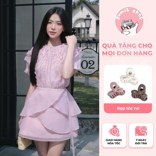 Áo tơ viền bèo kèm chân váy tầng dây hoa siêu xinh set đầm tiểu thư voan tơ tone pastel