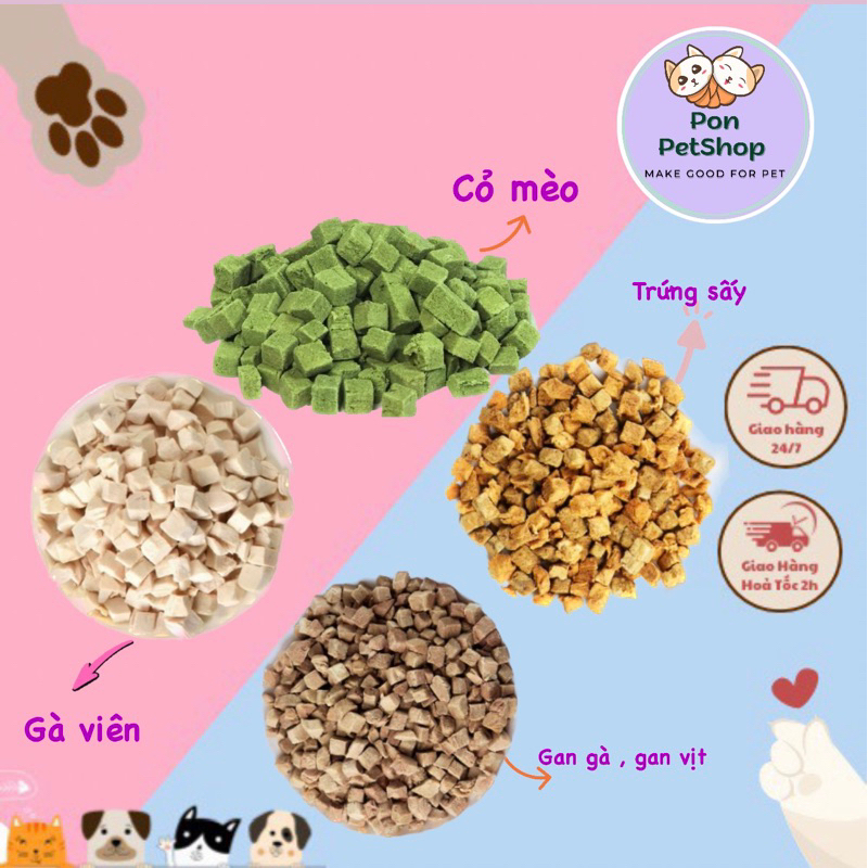 Gà Viên Sấy , trứng sấy , cỏ mèo viên , gan gà gan vịt sấy Khô Ăn Vặt Dành Cho Chó Mèo - 500G