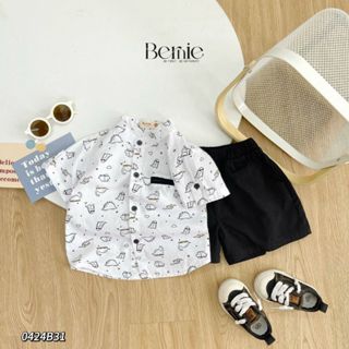 Set bộ quần áo bé trai BERNIE gồm áo sơ mi cổ tàu họa tiết khủng long kèm quần kaki từ 9 đến 25kg
