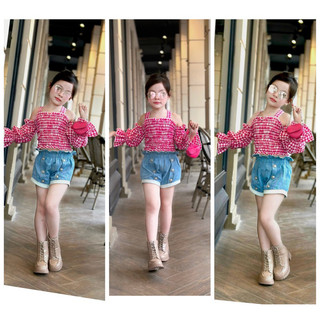 Bộ quần jeans đùi 6 nút+ áo chỉ thun karo Hồng cho bé gái