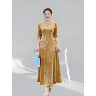 Đầm Dài Dự Tiệc Ép Đá L366 từ 60-80ki Có hoa Ôm gọn Cổ thuyền Thanh lịch Nữ Nhung Dress Váy