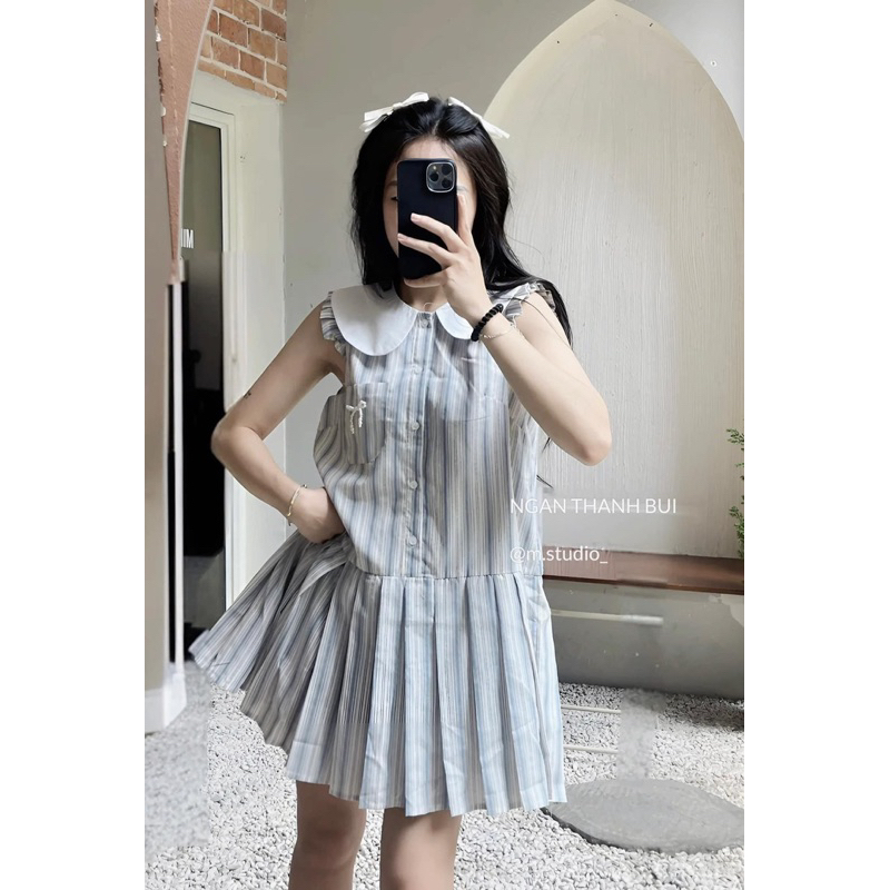 [Hàng loại 1] Váy kẻ phối cổ sen thiết kế cánh tiên xinh xắn đáng yêu | BigBuy360 - bigbuy360.vn