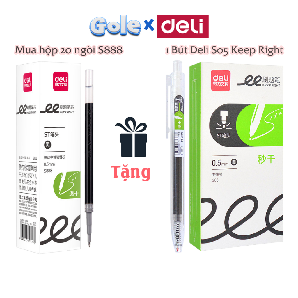 Combo 20 Ngòi Deli S888 Ruột Bút Gel Bút Bi Nước Mực Đen Tặng Bút Deli S05 Keep Right Trong Suốt