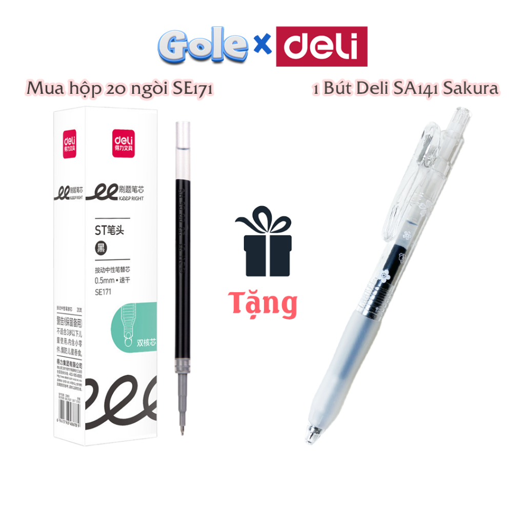Combo 20 Ngòi Deli SE171 Ruột Bút Gel Bút Bi Nước Mực Đen Khô Siêu Nhanh Tặng Bút Deli SA141 Sakura