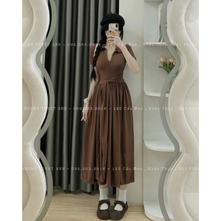 Váy maxi cổ đức  , cổ bẻ kéo khoá tay ngắn cột nơ eo ( hình chính chủ HƯƠNG TUYẾT ANH BOUTIQUE )