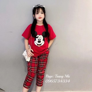 (8-19kg) Set bé gái, Set bộ áo thun cotton tàu hình Mickey + quần baggy ngố đáng yêu cho bé gái SB159