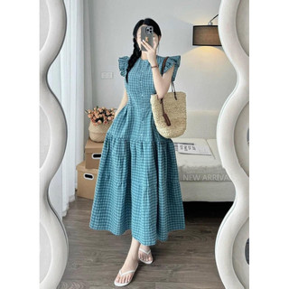 Váy kẻ cánh tiên dáng maxi