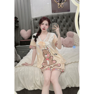 -Bộ ngủ lụa xước tiểu thư bigsize tay ngắn quần đùi cao cấp, mềm, mịn, mát