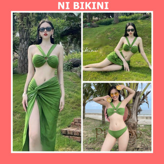 Set 3 bikini Hồ Ngọc Hà xanh cốm hottrend kèm áo váy choàng khoác ngoài SET08