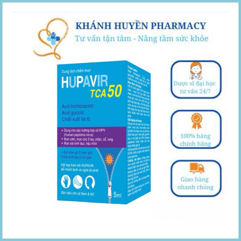{Che tên} Hupavir TCA 50, chấm rụng sùi, mụn cơm, mụn cóc, gai sinh dục, chuỗi hạt ngọc cho nam và nữ, lọ 10ml