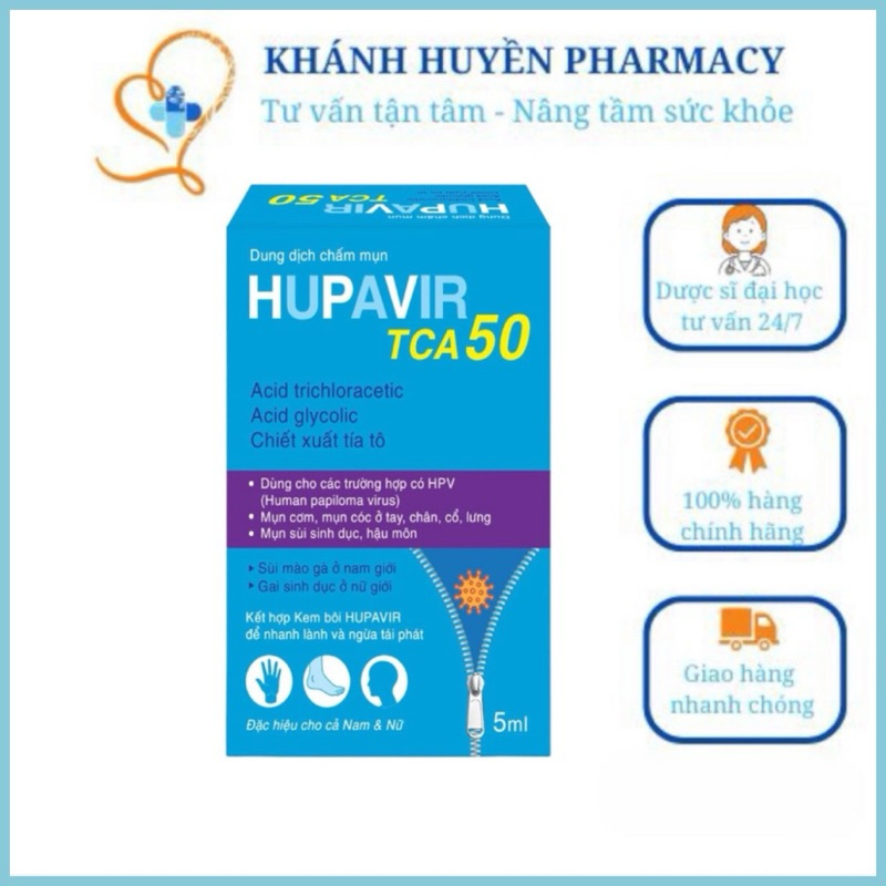 {Che tên} Hupavir TCA 50, chấm rụng sùi, mụn cơm, mụn cóc, gai sinh dục, chuỗi hạt ngọc cho nam và nữ, lọ 10ml