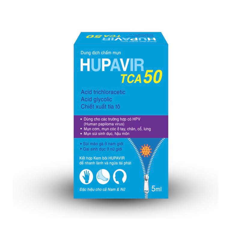 {Che tên} Hupavir TCA 50, chấm rụng sùi, mụn cơm, mụn cóc, gai sinh dục, chuỗi hạt ngọc cho nam và nữ, lọ 10ml