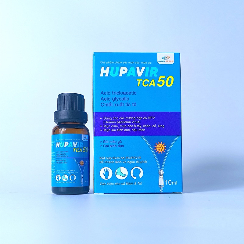 {Che tên} Hupavir TCA 50, chấm rụng sùi, mụn cơm, mụn cóc, gai sinh dục, chuỗi hạt ngọc cho nam và nữ, lọ 10ml