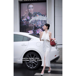 Đầm sơ mi khoét eo xếp li đuôi cá