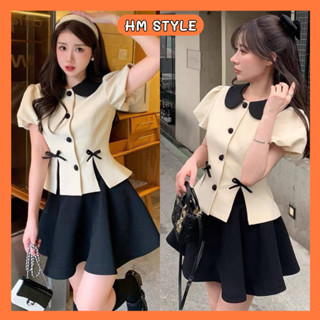 Set áo váy cổ sen phối cúc bọc vạt xẻ nơ kèm chân váy xòe có lót trong, set bộ đồ nữ đính nơ tiểu thư HB285