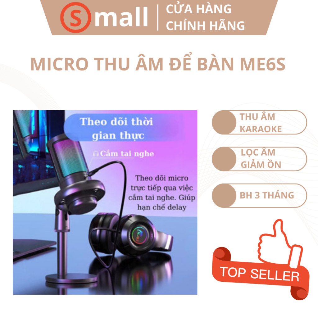 Micro Thu Âm Để Bàn ME6S, Mic Livestream Có Màng Lọc Tạp Âm, Sử Dụng Cho PC-Laptop Led RGB (S MALL )