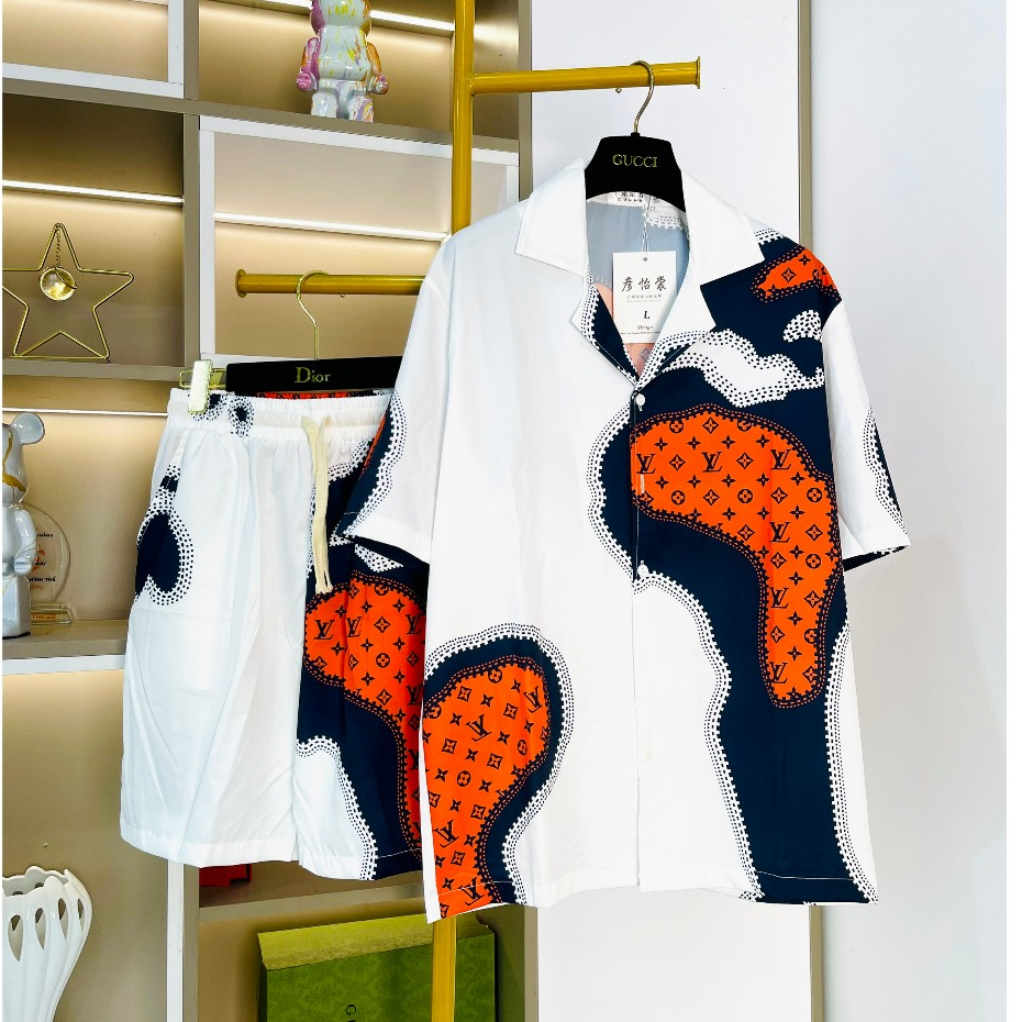 Set Bộ Sơ Mi lụa côc tay Lv cao cấp họa tiết phối loang logo lv hot hit 2024