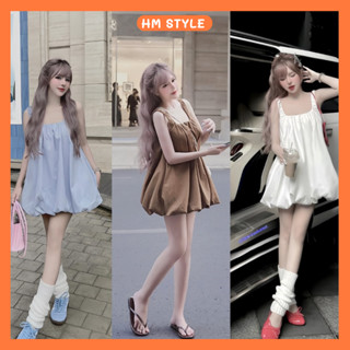 Đầm 2 dây bản to nhún dáng bí xoè bồng, váy babydoll chất thô Hàn phong cách tiểu thư HV641