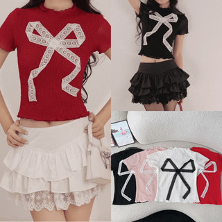 Áo kiểu tay ngắn viền bèo trangclothingg đính nơ ren dễ thương gv4000a51106