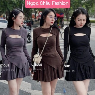 Set thun áo tay dài ôm body vạt nhọn khoét ngực kèm chân váy xếp ly lưng thun co quần trong form 38-53kg