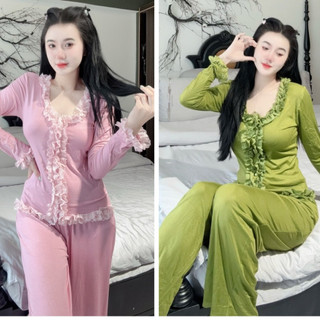 Đồ Bộ Mặc Nhà Áo Tay Dài Viền Ren Chất Thun Mềm Dẻo Ôm Body Free Size < 58kg